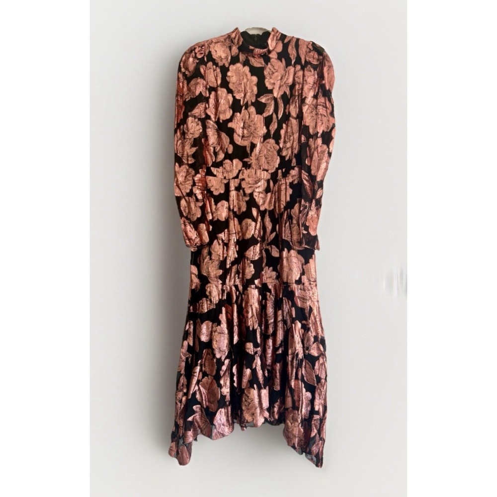 Yumi Kim Black Chiffon Rose Gold Metallic Floral Print Mock Neck Maxi Dress Med - Picture 1 of 9